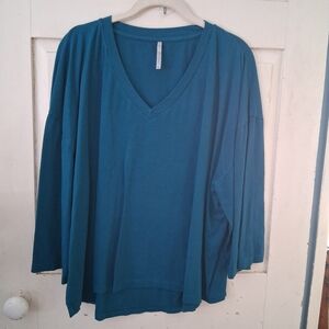 Blue Canoe Dark Teal V-Neck Long Sleeve Loose Fit Organic Cotton Blend Top